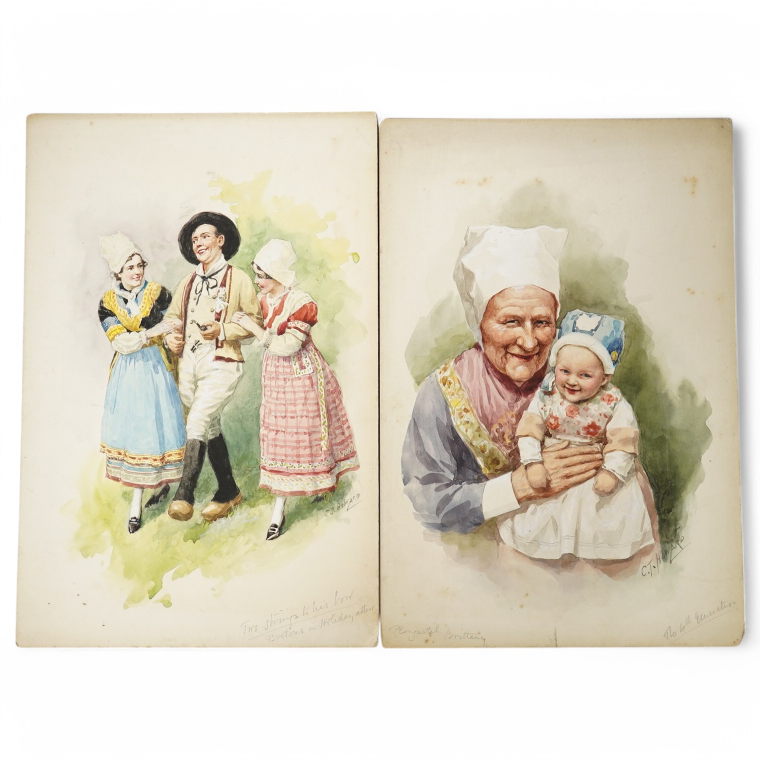 Charles Thomas Howard (1865-1942), a pair of original watercolours for postcard designs, Traditional Breton costume comprising; ‘Two strings to his bow’ and ‘The 4th Generation’, each signed, unframed, 27 x 18cm. Conditi